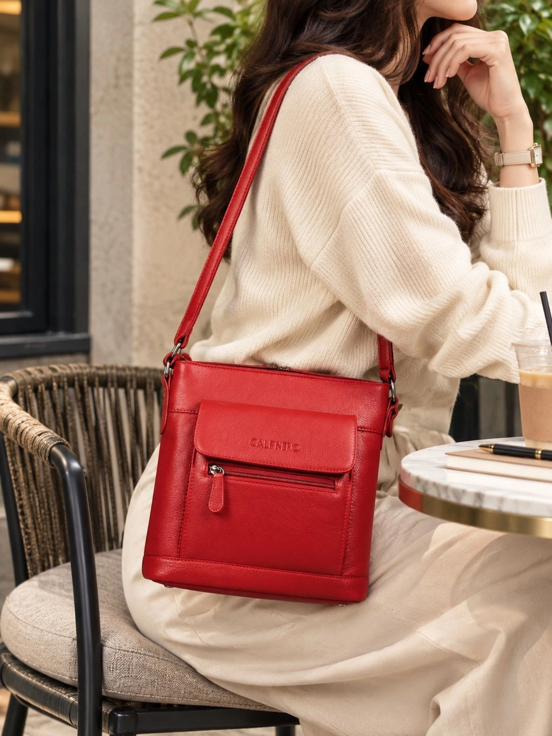 CALFNERO Women Red Leather Structured Sling Bag