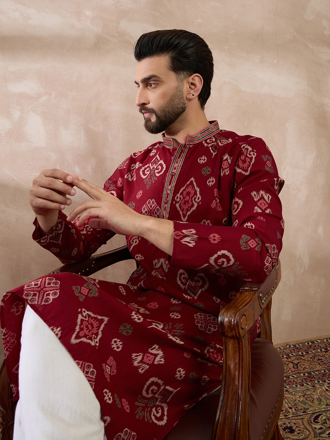 House of Pataudi Printed Mandarin Collar Calf Length Straight Kurta