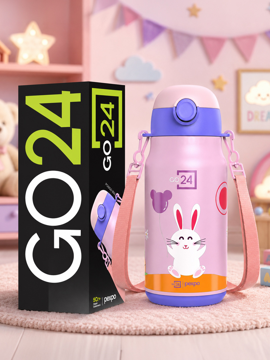 Go24 Poggo Hot & Cold Stainless Steel Kids Water Bottle 420 ml Baby Pink - Rabbit