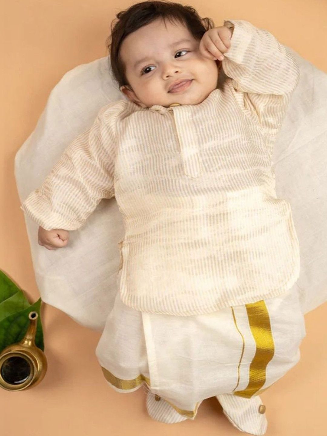 DISHA CREATIONZ Boys Striped Cotton Kurta with Mundu