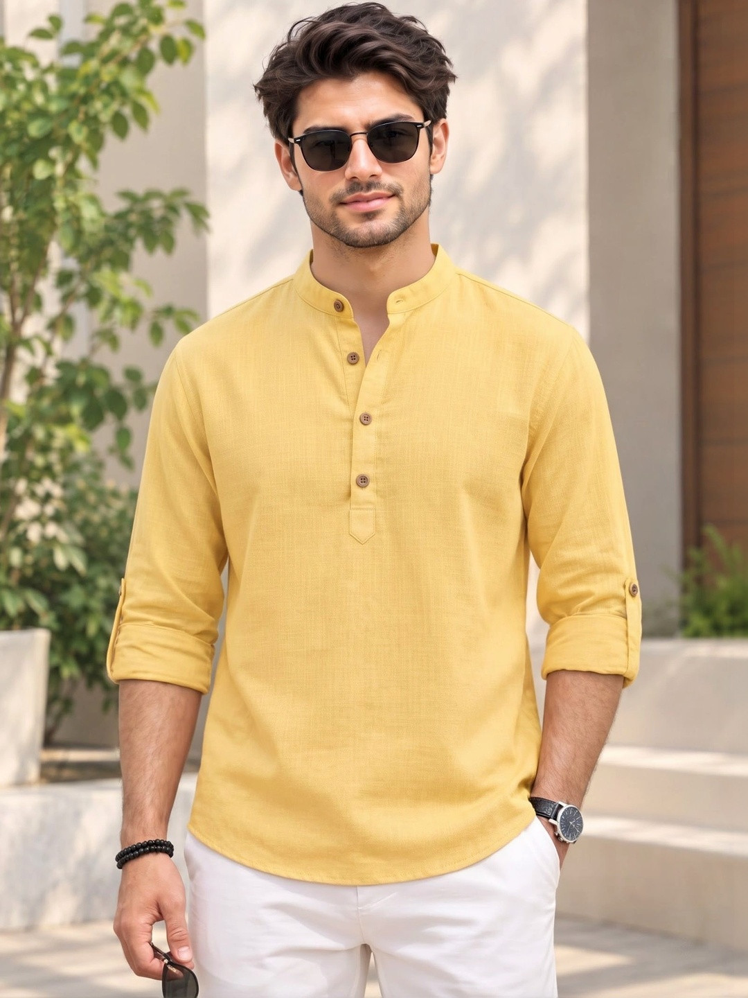 Deelmo Men Solid Mandarin Collar Casual Kurta