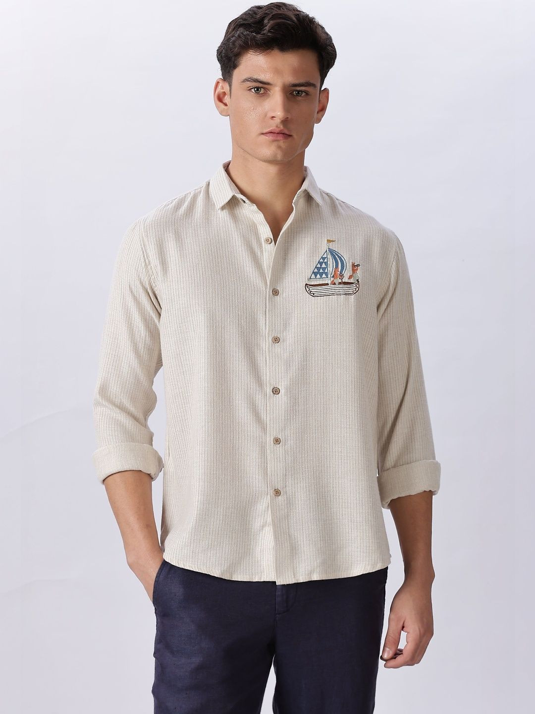 HAMPTONS Self Cotton Textured Long Sleeves Shirt