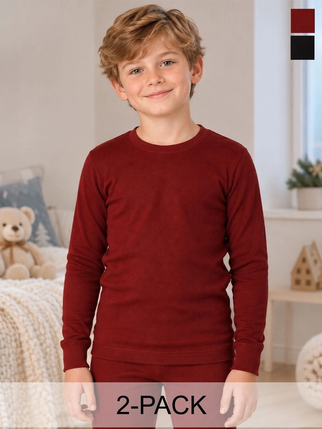 Lux Cottswool Boys Pack Of 2 Solid Cotton Thermal Tops