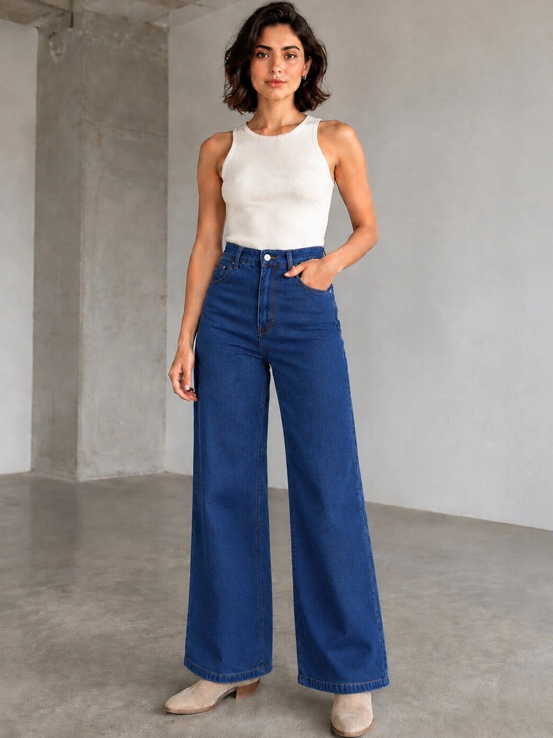 AngelFab Women Wide Leg High-Rise Denim Stretchable Jeans