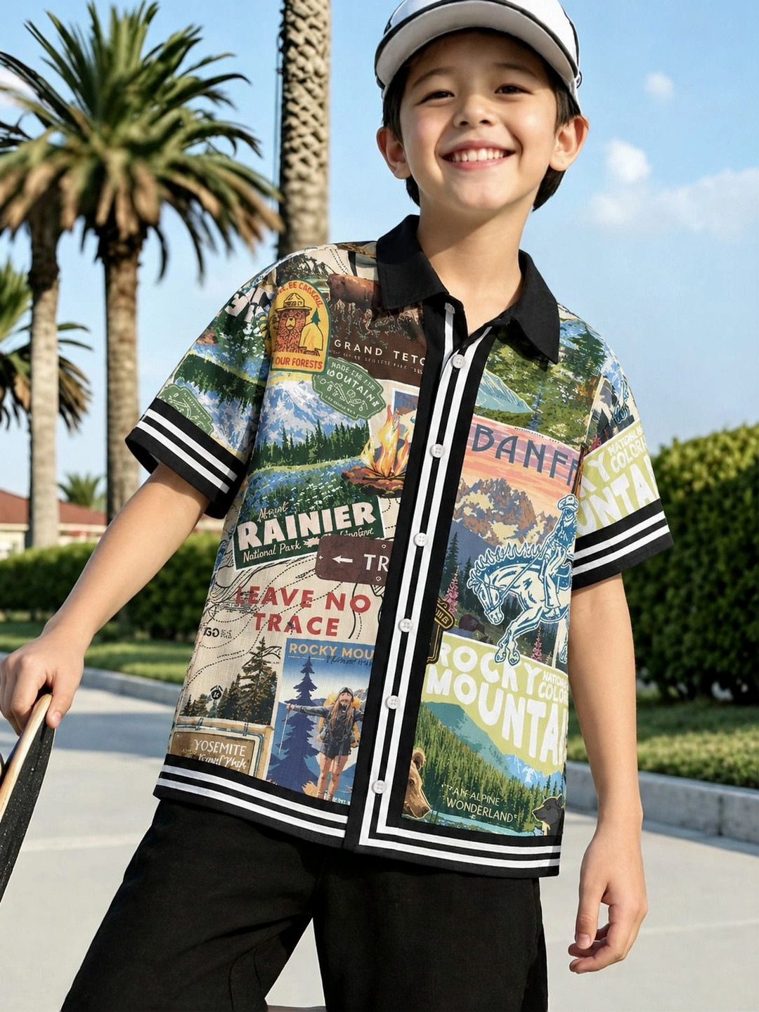 HELLCAT Boys Spread Collar Graphic Printed Cotton Casual Shirt