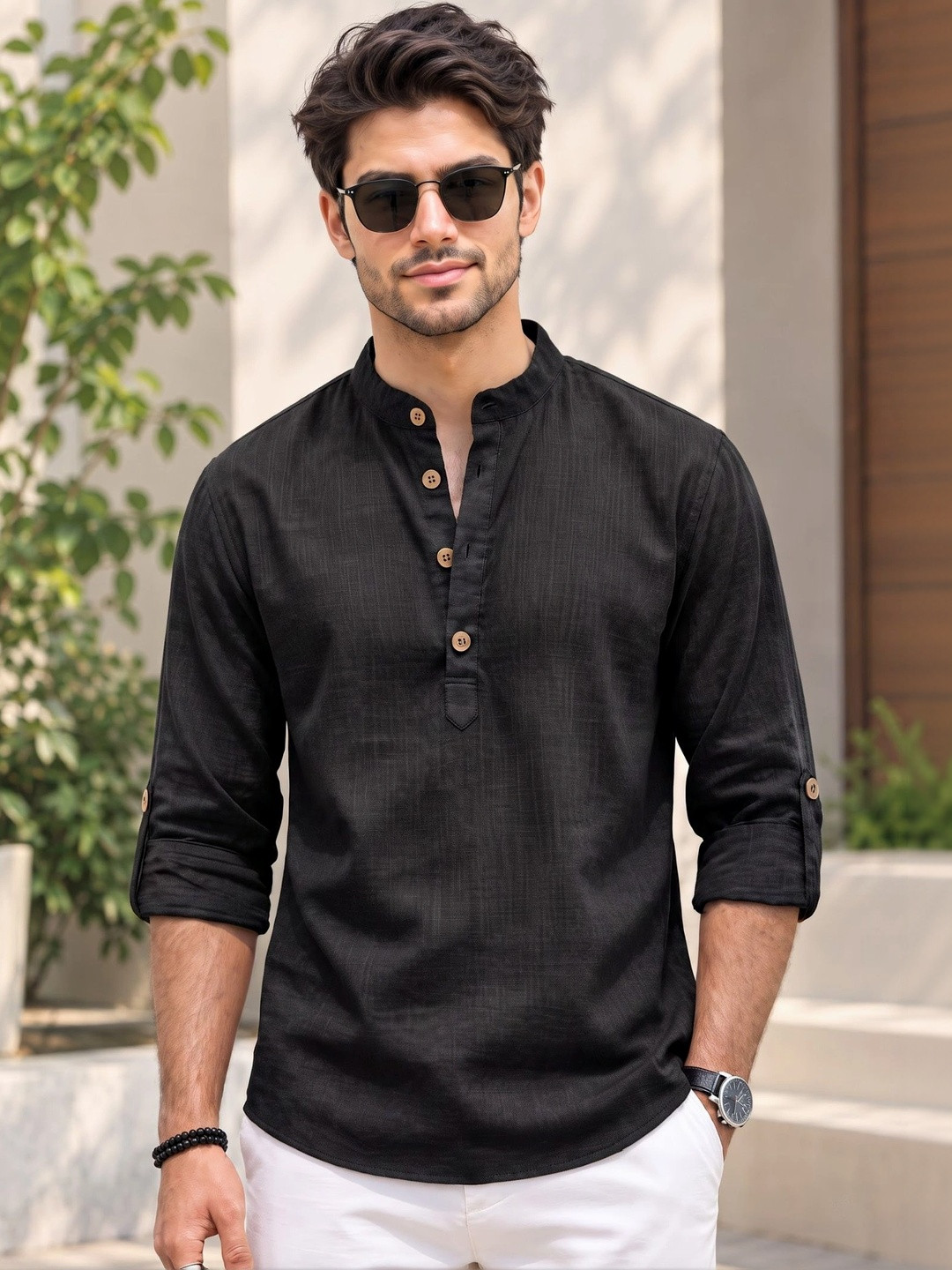Deelmo Men Solid Mandarin Collar Casual Kurta