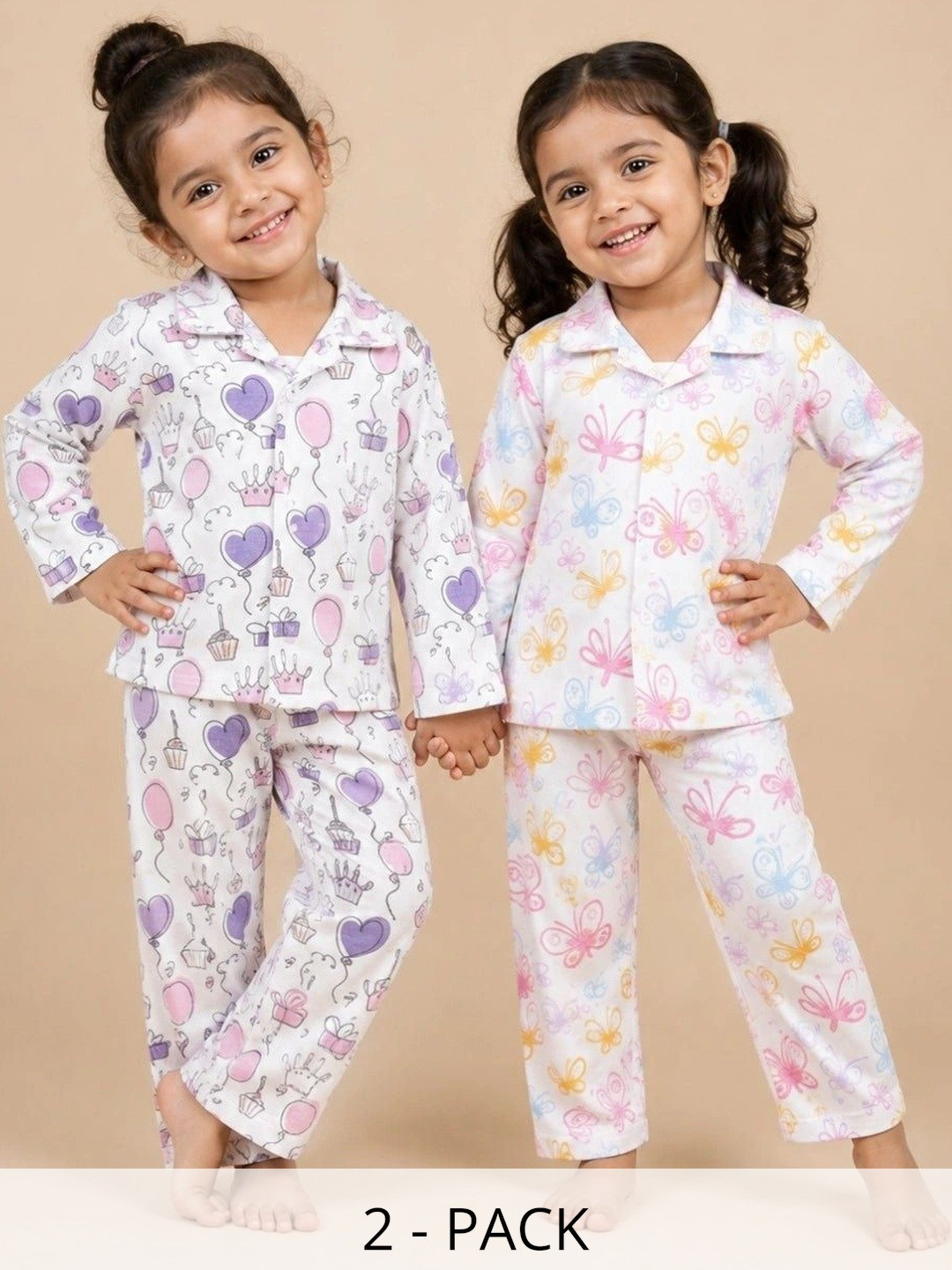 The Mom Store Kids White Pack of 2 Conversational Printed Night suit