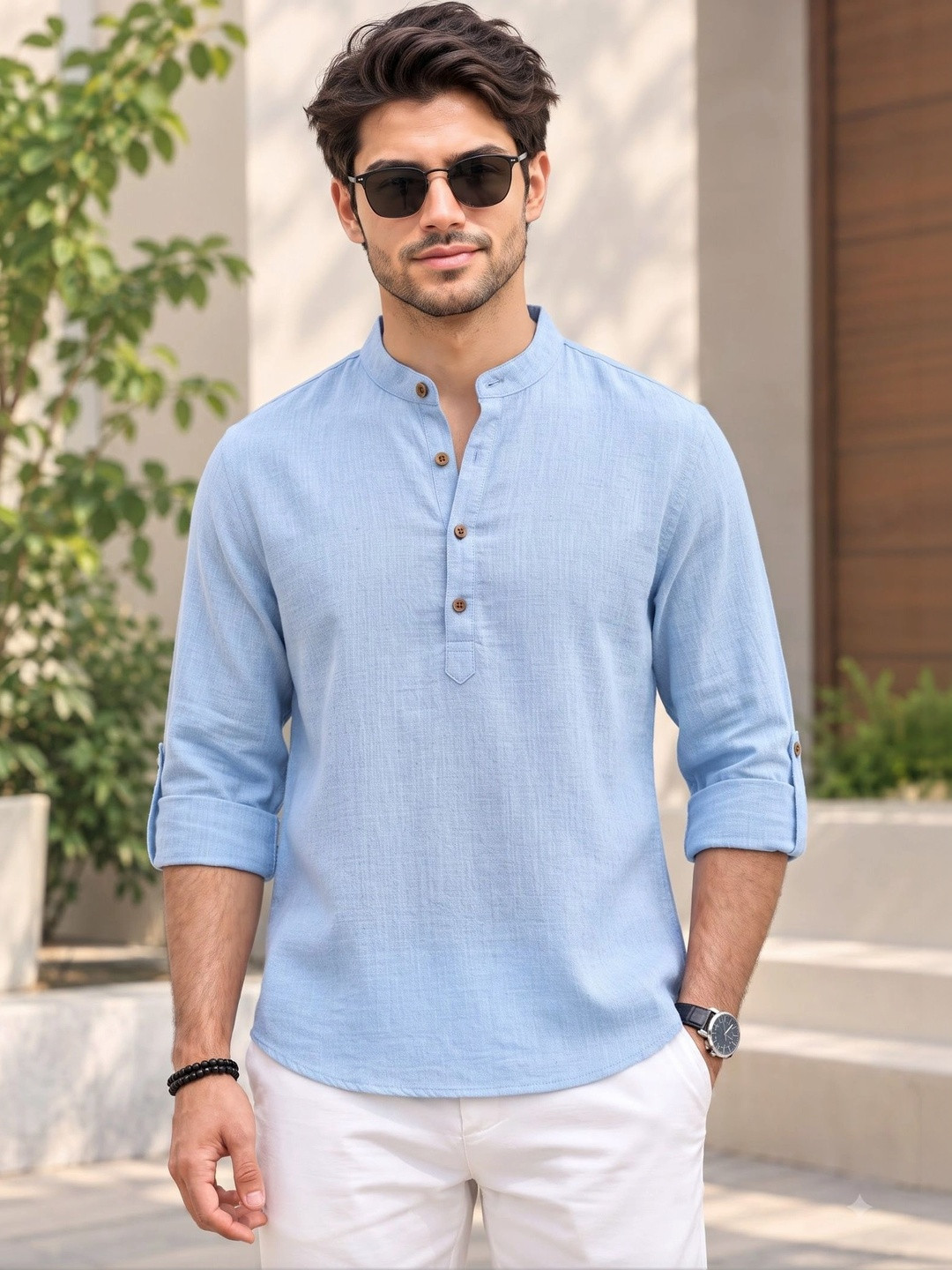 Deelmo Solid Mandarin Collar Cotton Regular Fit Short Kurta