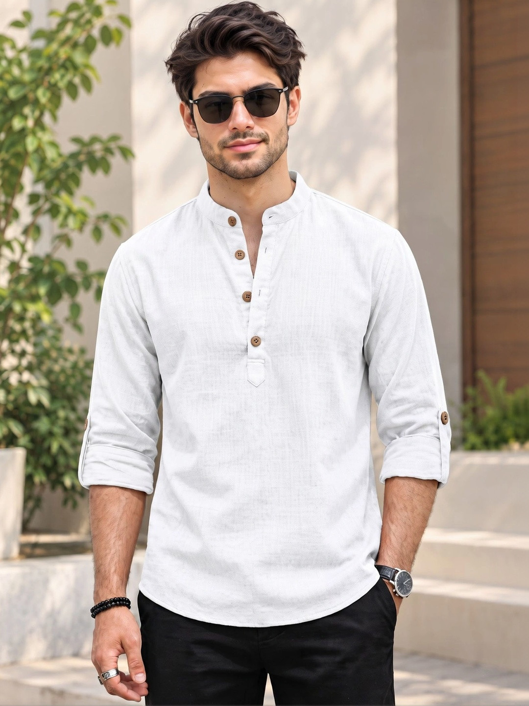 Deelmo Mandarin Collar Casual Kurta