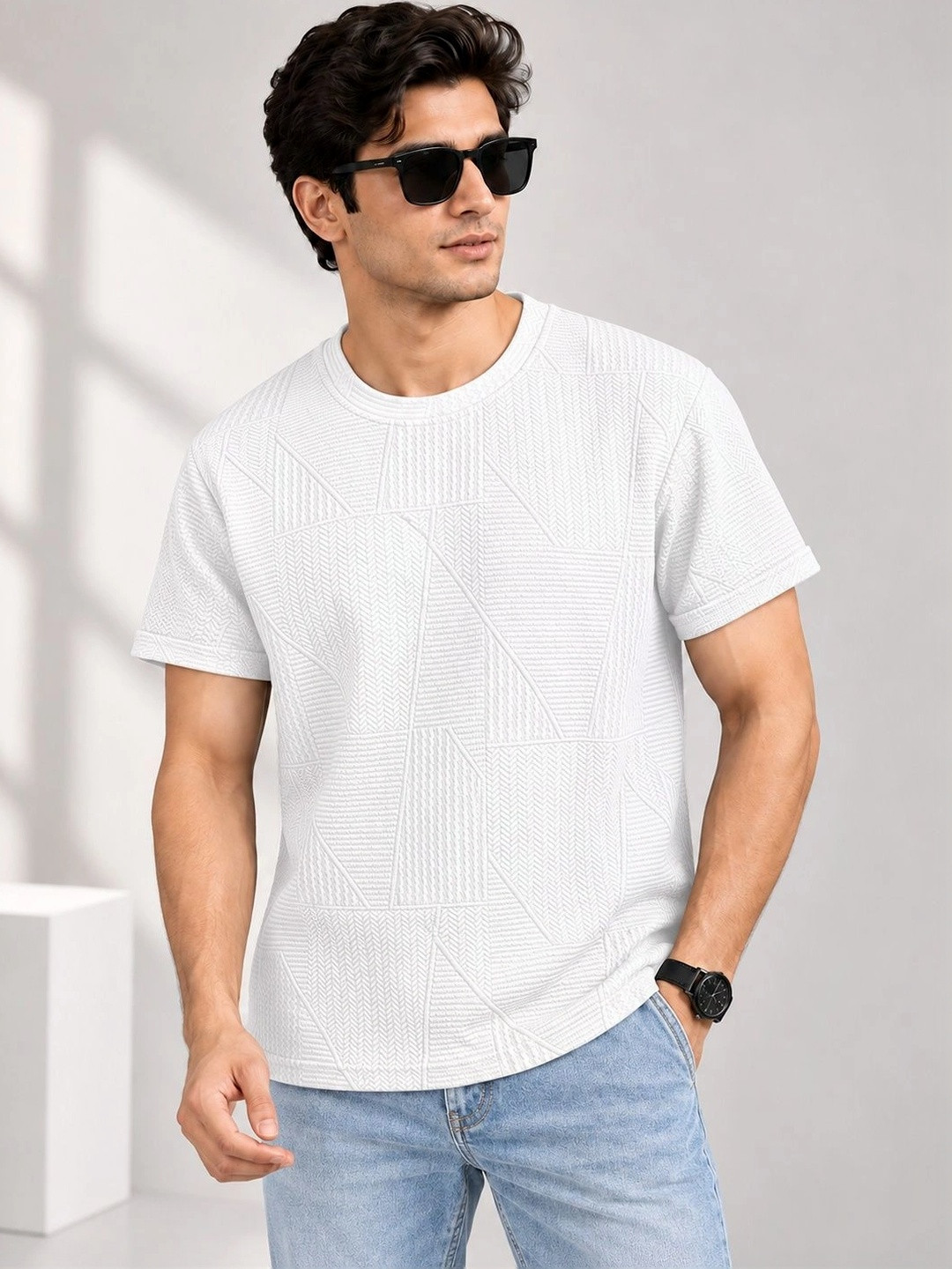 GENZILOOKS Men Organic Cotton Self Design T-shirt