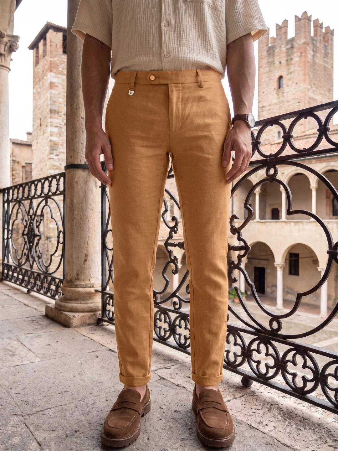 Linen Club Men Solid Slim Fit Linen Trousers