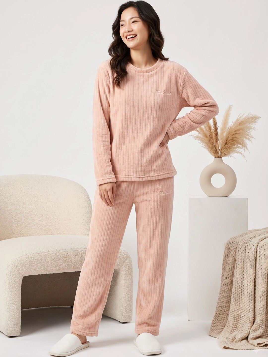 Lugo Women Solid Round Neck Night Suit