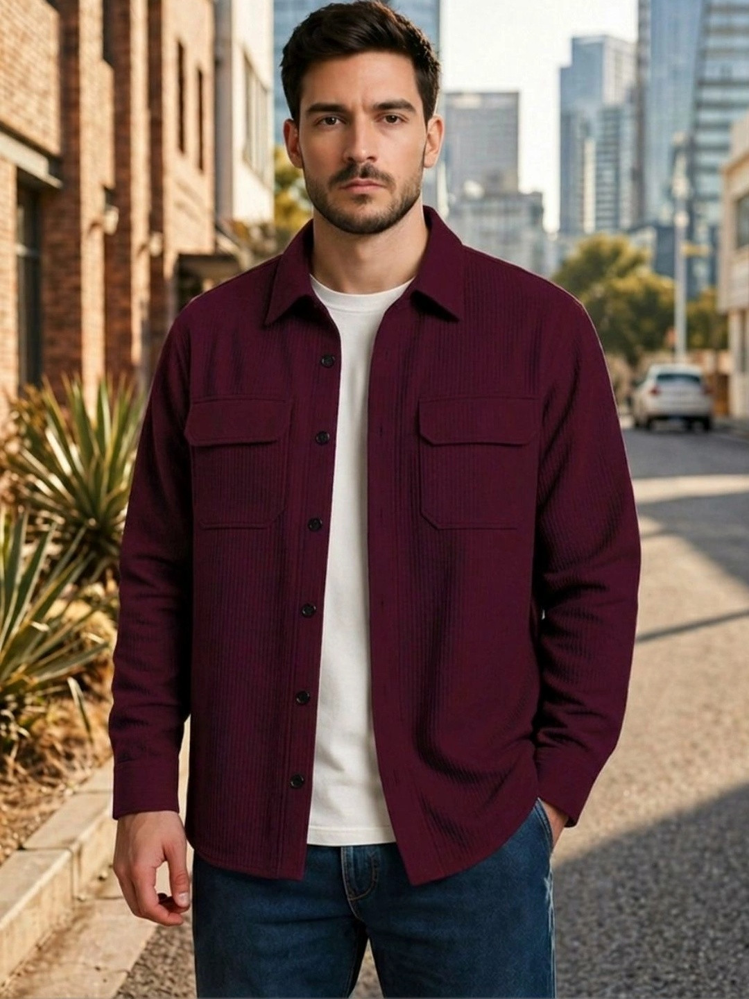 Deelmo Men Textured Polyester Regular Fit Spread Collar Casual Shirt