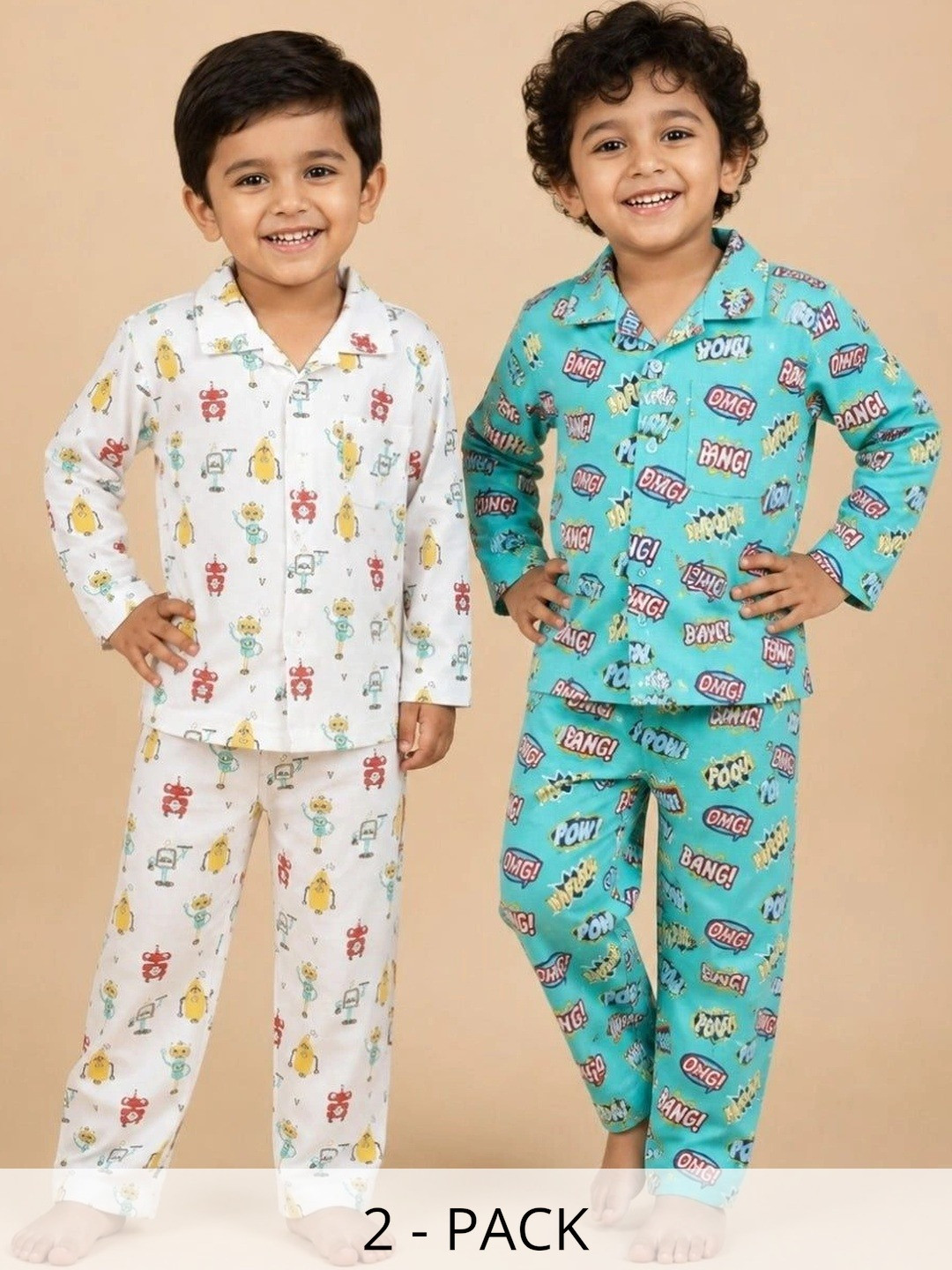 The Mom Store Infant Kids Pack Of 2 Conversational Printed Pure Cotton Night suit