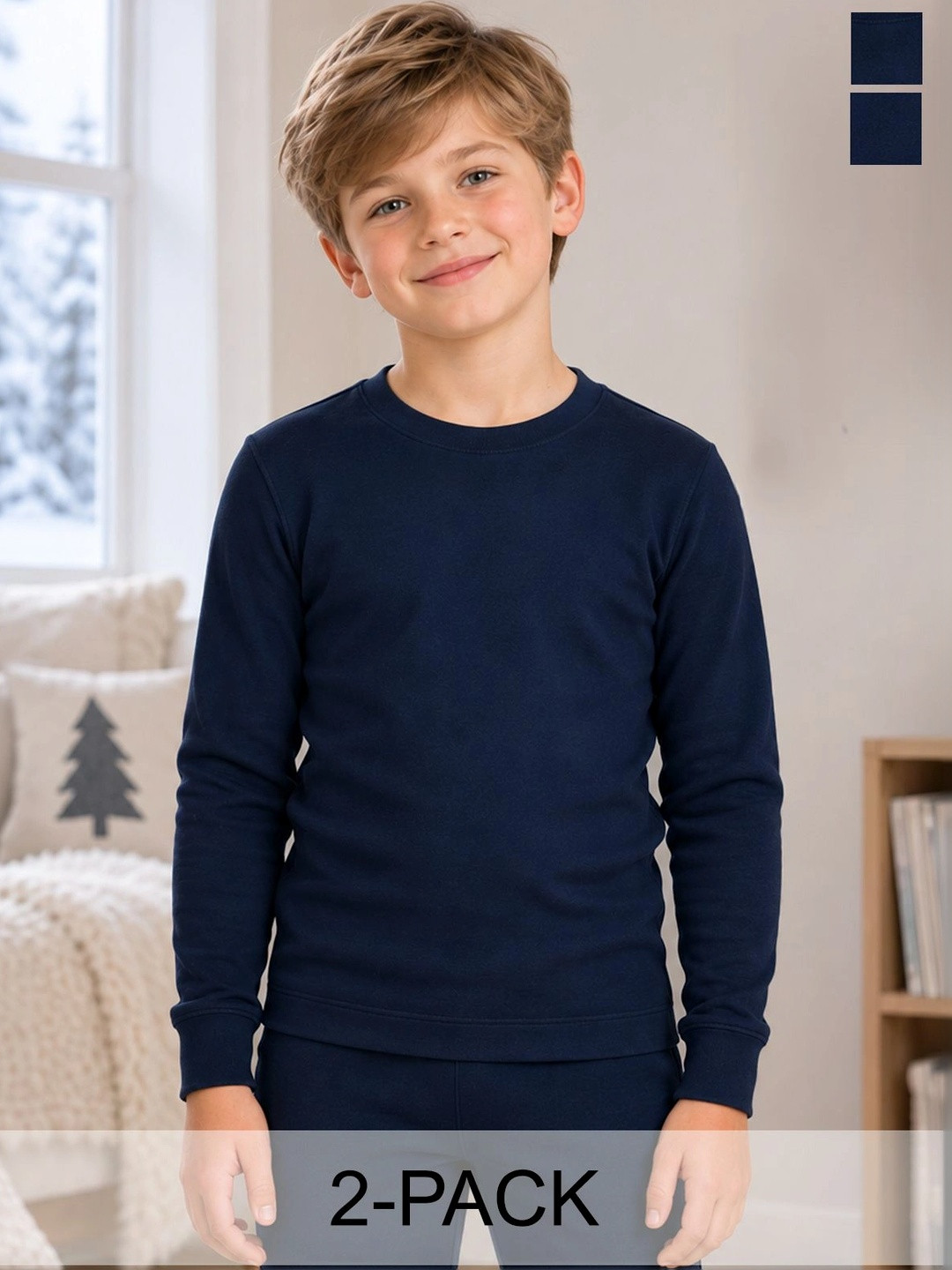 Lux Cottswool Boys Pack Of 2 Blue Solid Cotton Thermal Tops