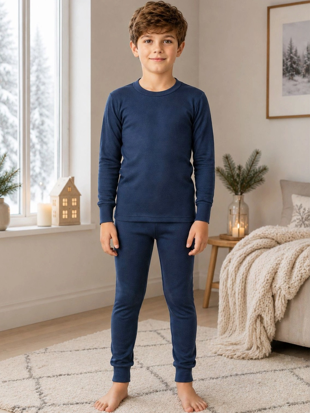 Lux Cottswool Boys Blue Solid Knitted Cotton Slim-Fit Thermal Set