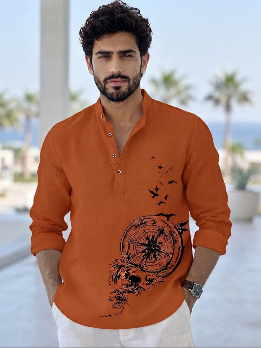 Deelmo Printed Mandarin Collar Casual Shirt