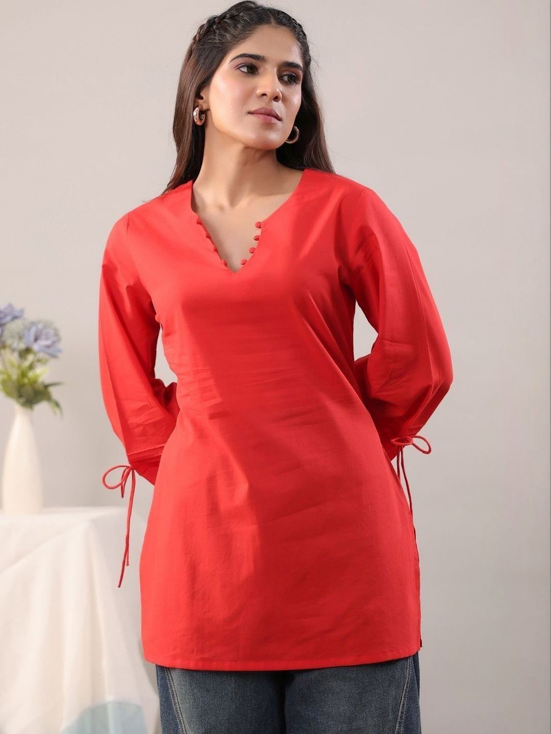 Rimeline V-Neck Flared Sleeves Pure Cotton Kurti