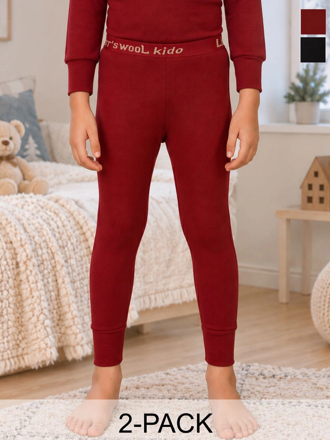 Lux Cottswool Boys Pack Of 2 Maroon & Black Solid Cotton Thermal Bottoms