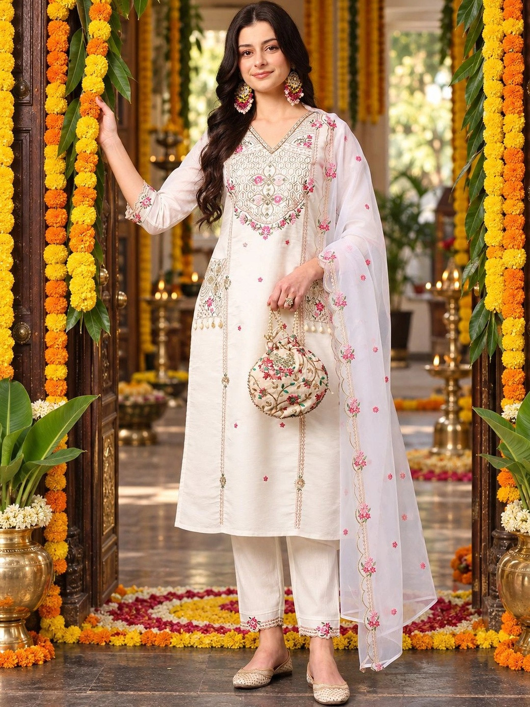 KALINI Women Floral Embroidered Sequinned Chanderi Silk Kurta with Trousers & Dupatta