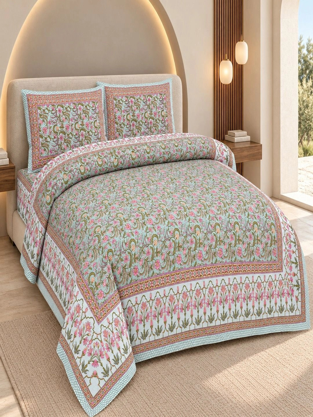 Bombay Spreads Green & Pink Printed Cotton 180 TC Double King Bedsheet Set 2.74m X 2.20m