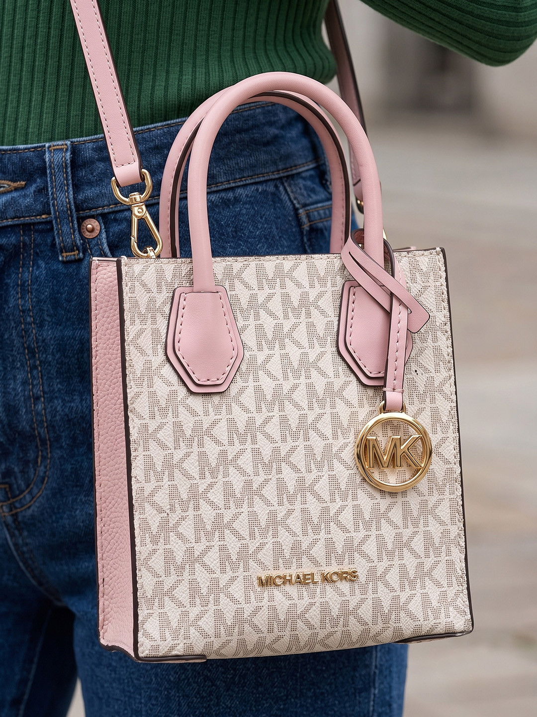 Michael Kors Mercer Brand Logo Printed Buckle Detail Canvas Mini Miniature Handheld Bag