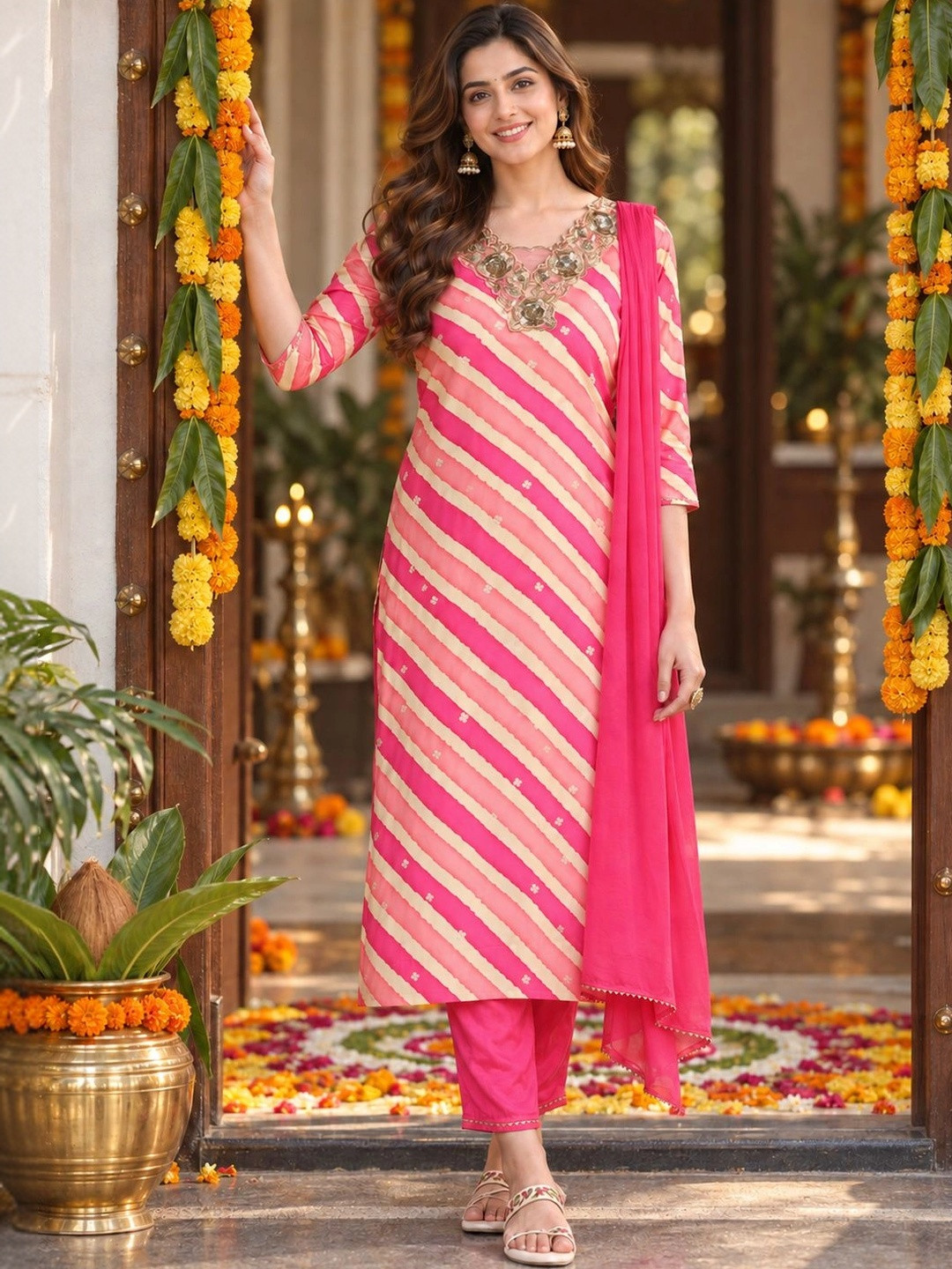 KALINI Leheriya Printed Cotton Blend V-Neck Straight Kurta With Trousers And Dupatta