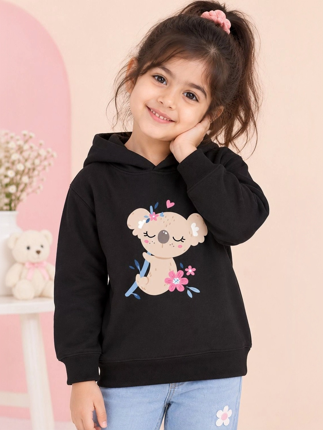 ARYA Kids Black Solid Animal Printed Hooded Sweatshirt