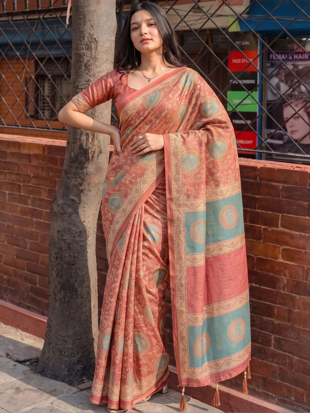 ALMAARI FASHION Ethnic Motifs Printed Pure Cotton Jamdani Saree