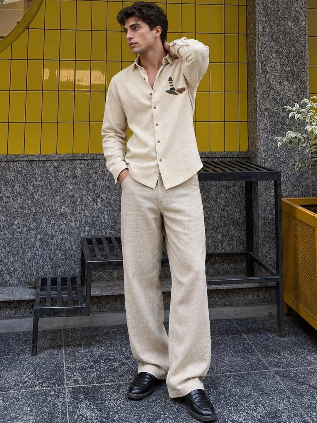 HAMPTONS Lighthouse Cotton Regular Fit Beige embroidery Shirt