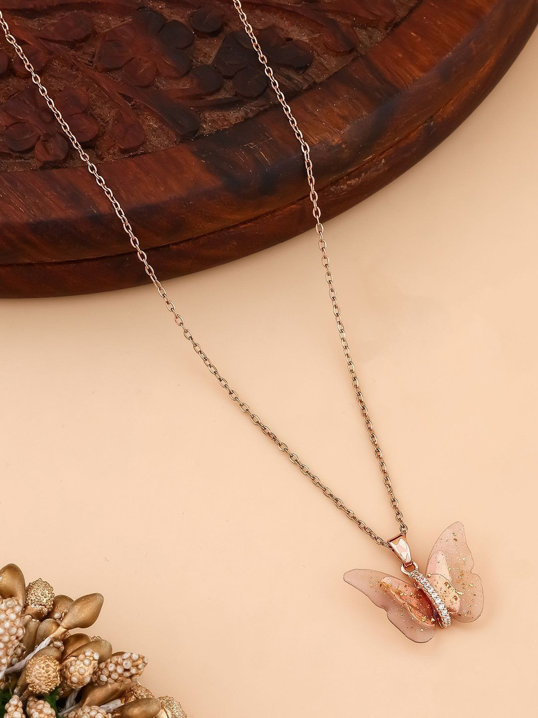 QUERALT Peach Butterfly Pendant Necklace Rose Gold Toned