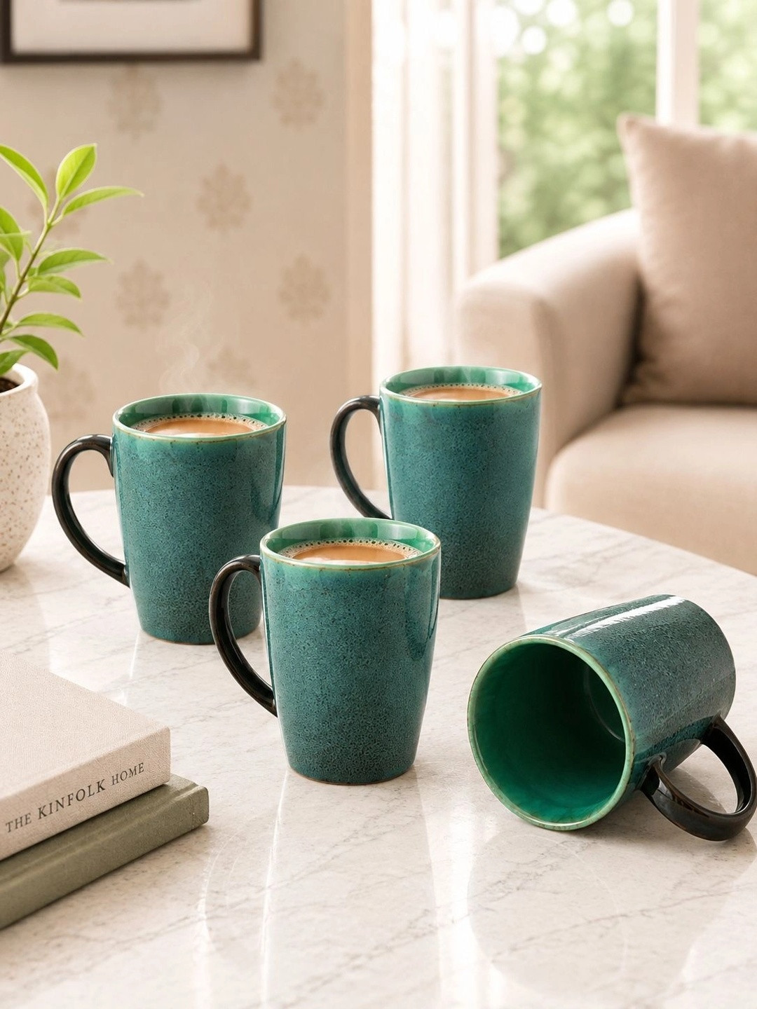 ExclusiveLane Kairav Name Personalised Blue Textured Ceramic Handmade 4 Piece Mugs-320ml