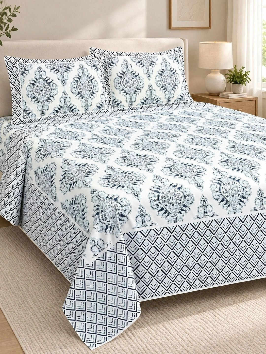 Bombay Spreads Blue & White Printed Cotton 180 TC Double King Bedsheet Set 2.74m X 2.25m
