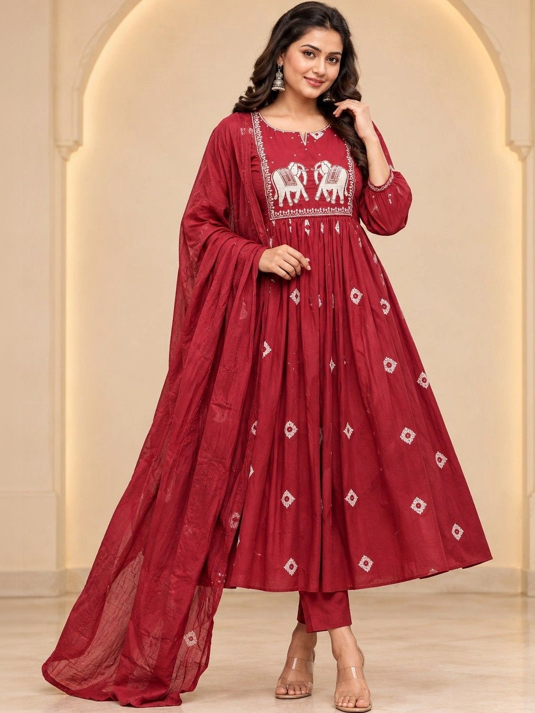 HERE&NOW Women Red Embroidered Anarkali Kurta Set with Trousers & Dupatta