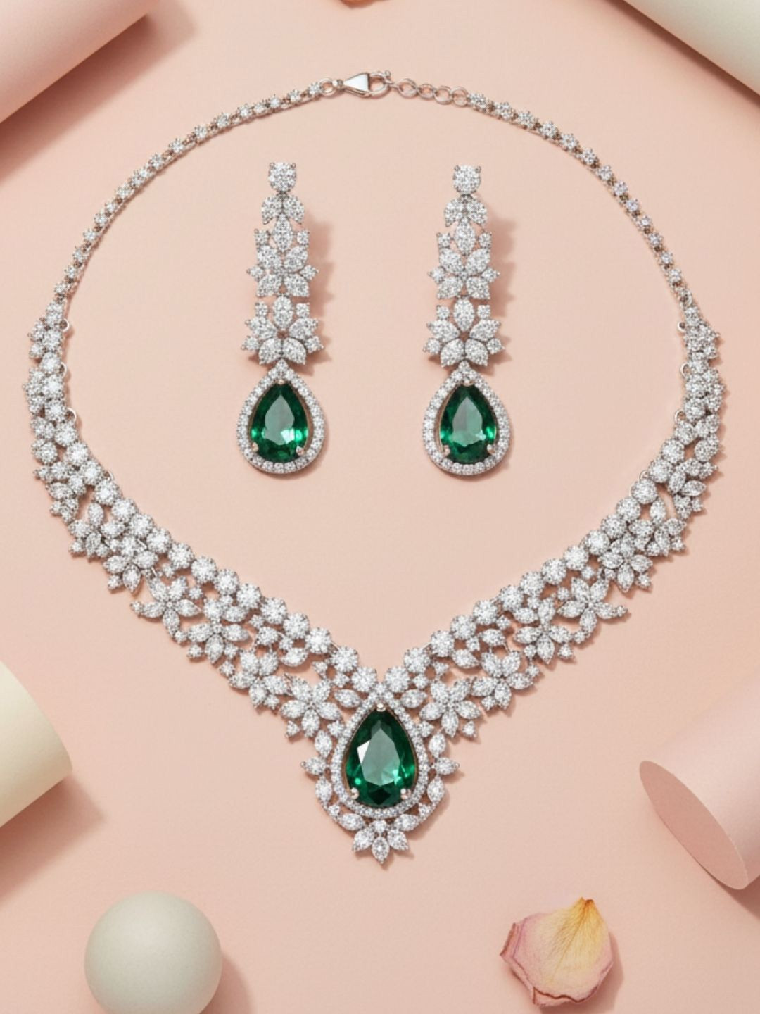 IKSAVA Women Green Silver-Plated American Diamond Studded Jewellery Set