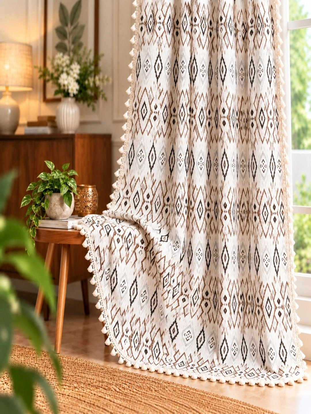 Cortina Single Brown & White Ethnic Motifs Cotton Door Curtain - 7 Feet