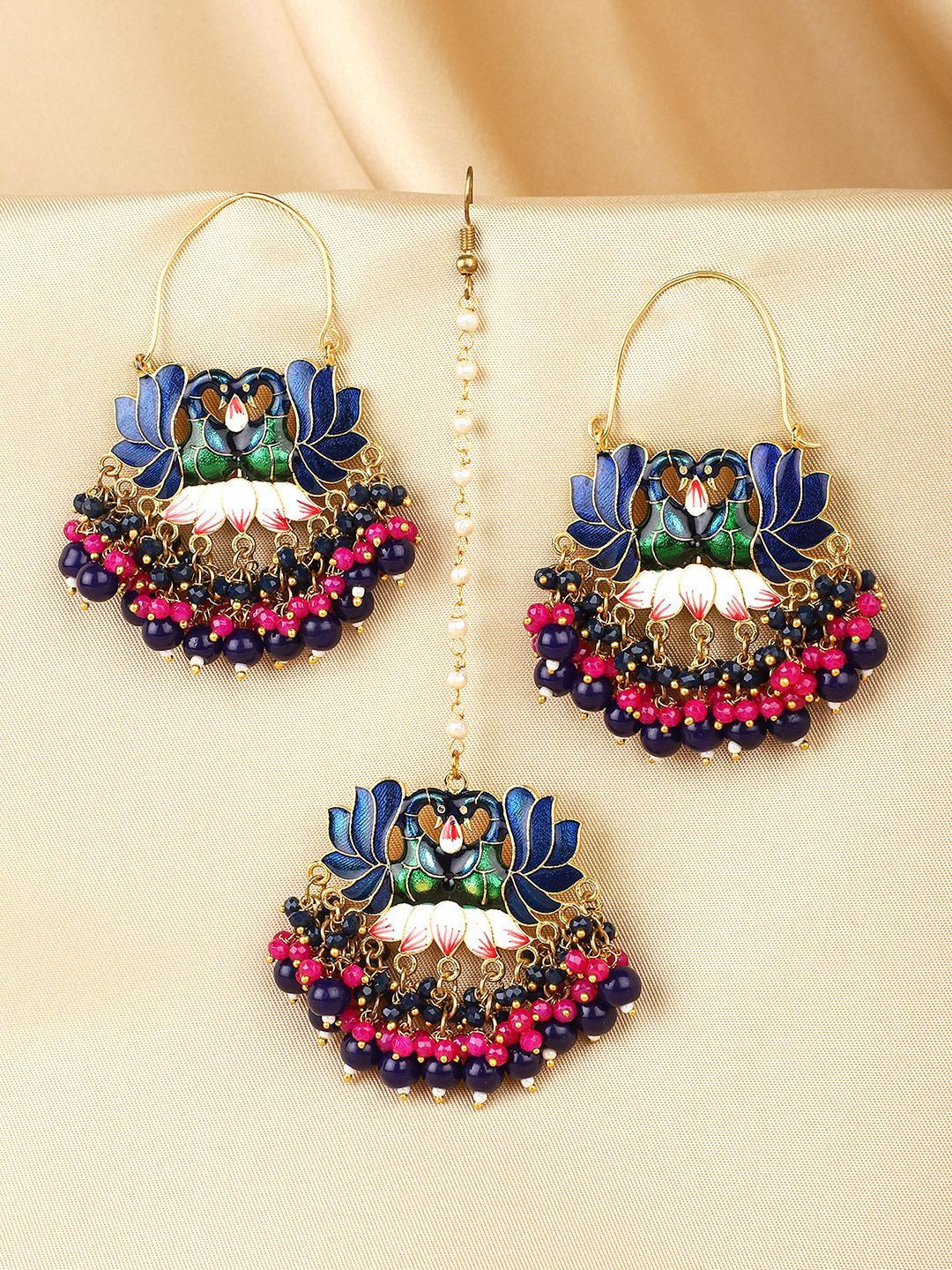 Yellow Chimes Women Multicolored Beads Peacock Meenakari Drop Gold Earrings With Maang Tikka