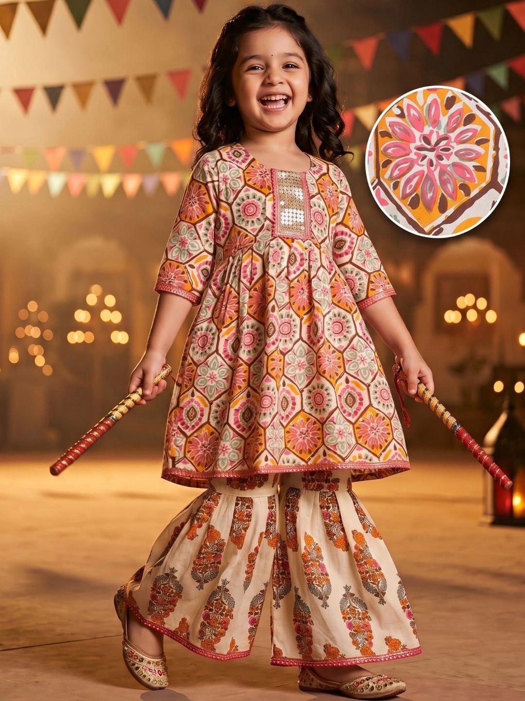ADIVA Girls White Printed Gotta Patti Pure Cotton Kurti with Sharara