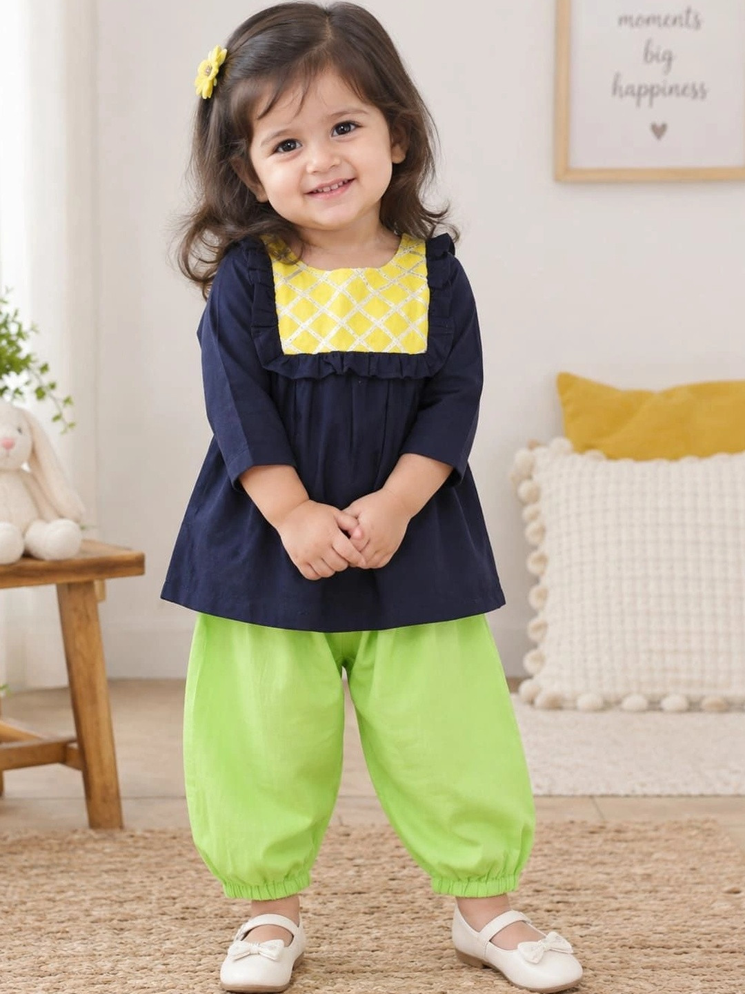 BownBee Girls Yoke Design Regular Pure Cotton A-Line Kurti With Harem Pants