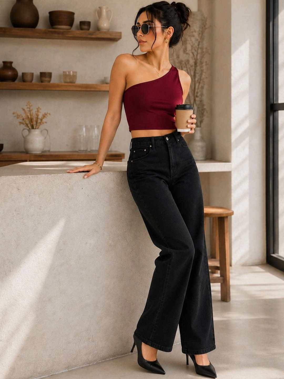 AngelFab Women Wide Leg Fit High-Rise Stretchable Jeans