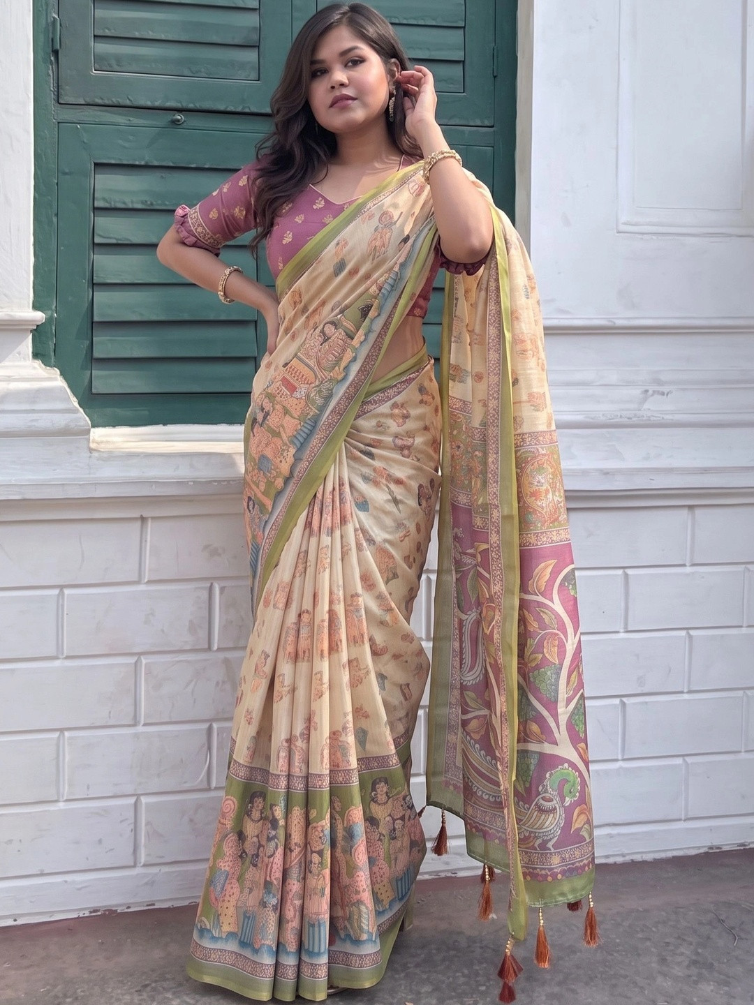 ALMAARI FASHION Floral Printed Pure Cotton Handloom Banarasi Saree