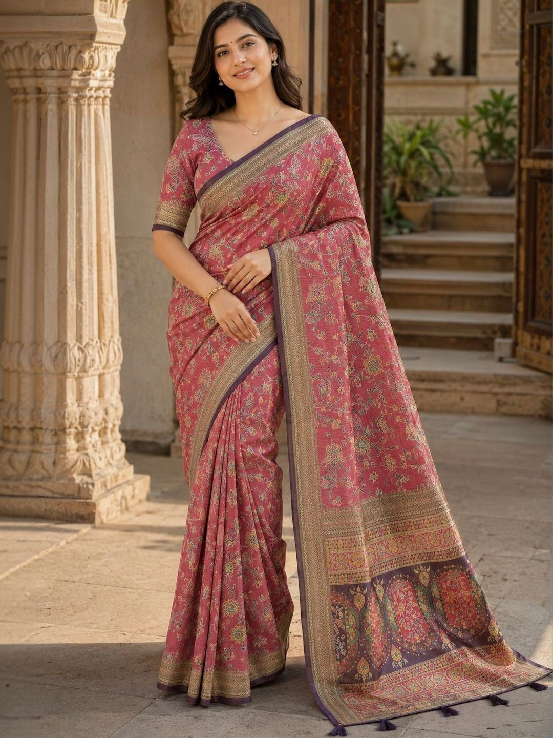 Aadatein Rose Pink Kanjivaram Silk Printed Saree For Women