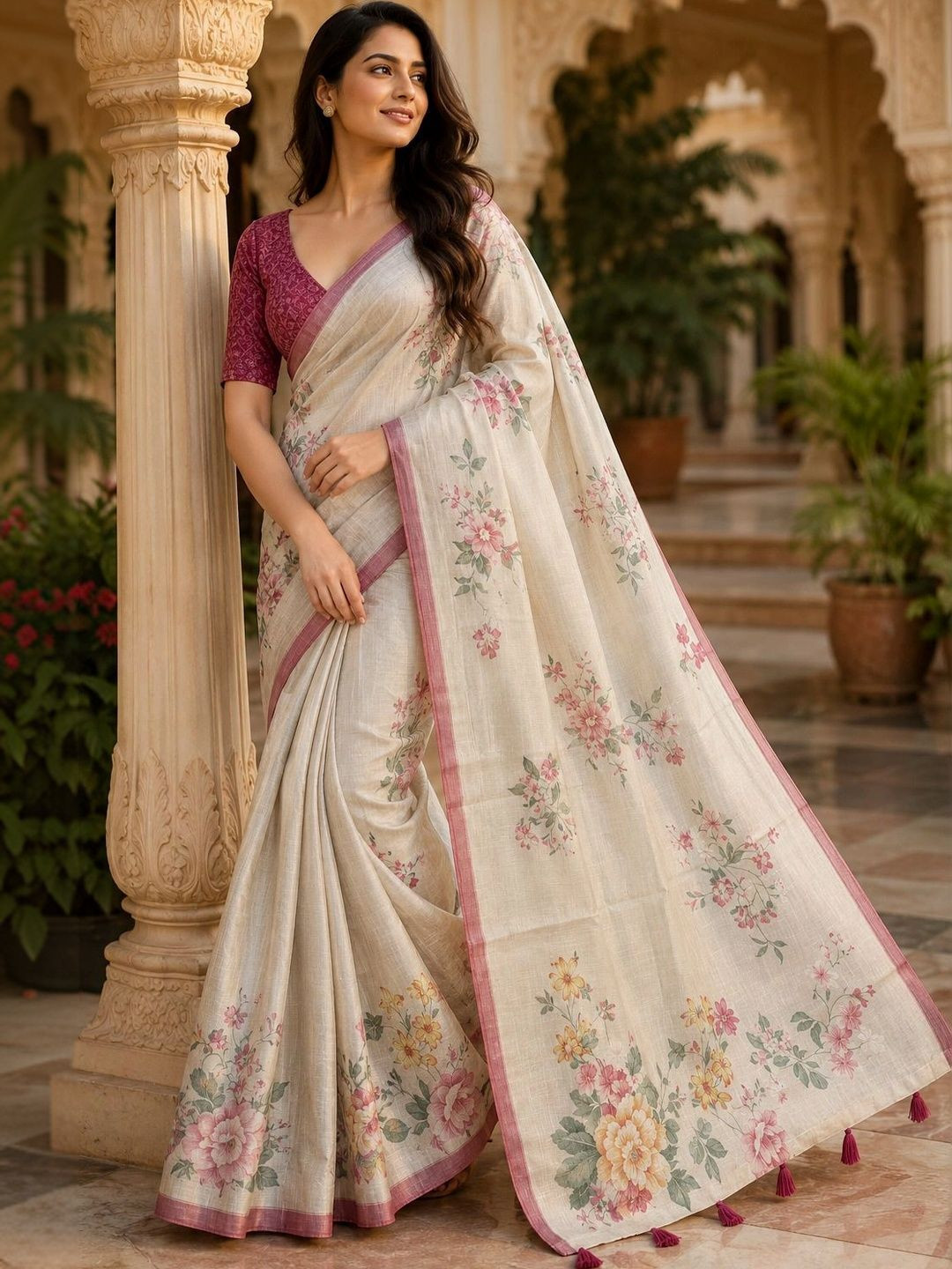 Aadatein Pink&White Floral Printed Kanjivaram Silk Saree For Women