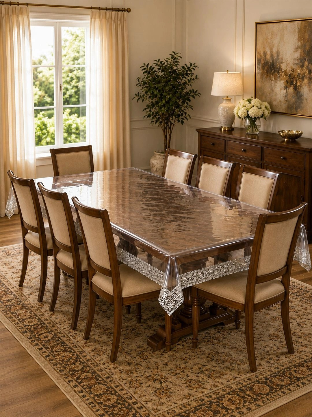 Clasiko Silver Lace -Transparent PVC 8-Seater Table Cover Anti Slip 60x108 Inches
