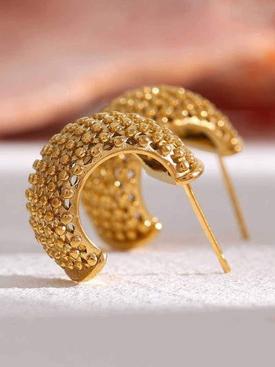 DIVING SWAN Women 18K Thick Gold Plated Ziya Textured Dome Hoops Earrings