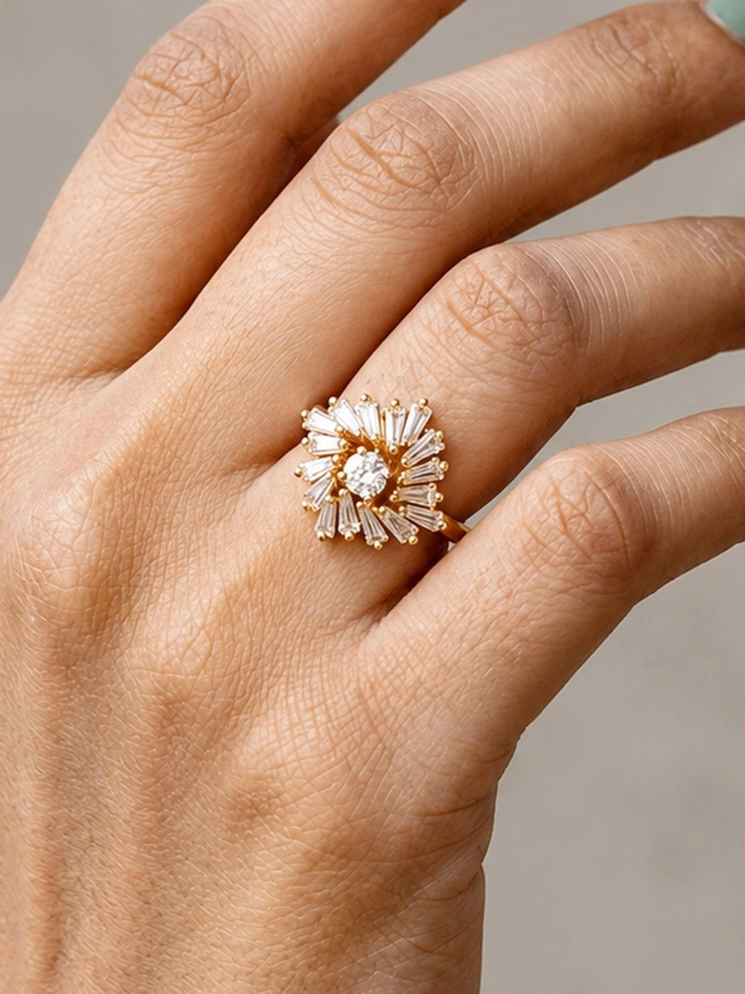 ARTKLIM Gold-Plated Stones Studded Sunburst Anti-Tarnish Adjustable Finger Ring