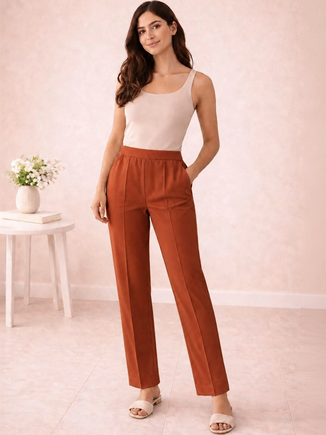 PARNAVI Women Relaxed Straight Leg Easy Wash Trousers