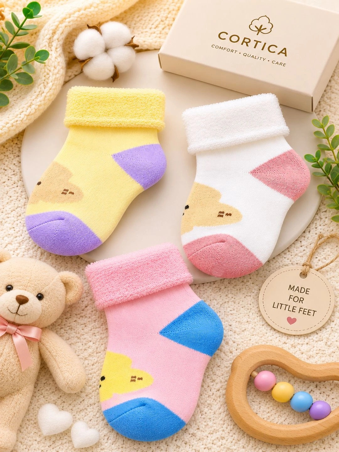 CORTICA Unisex Kids Pack of 3 Cotton Blend Assorted Patterned Above Ankle Socks