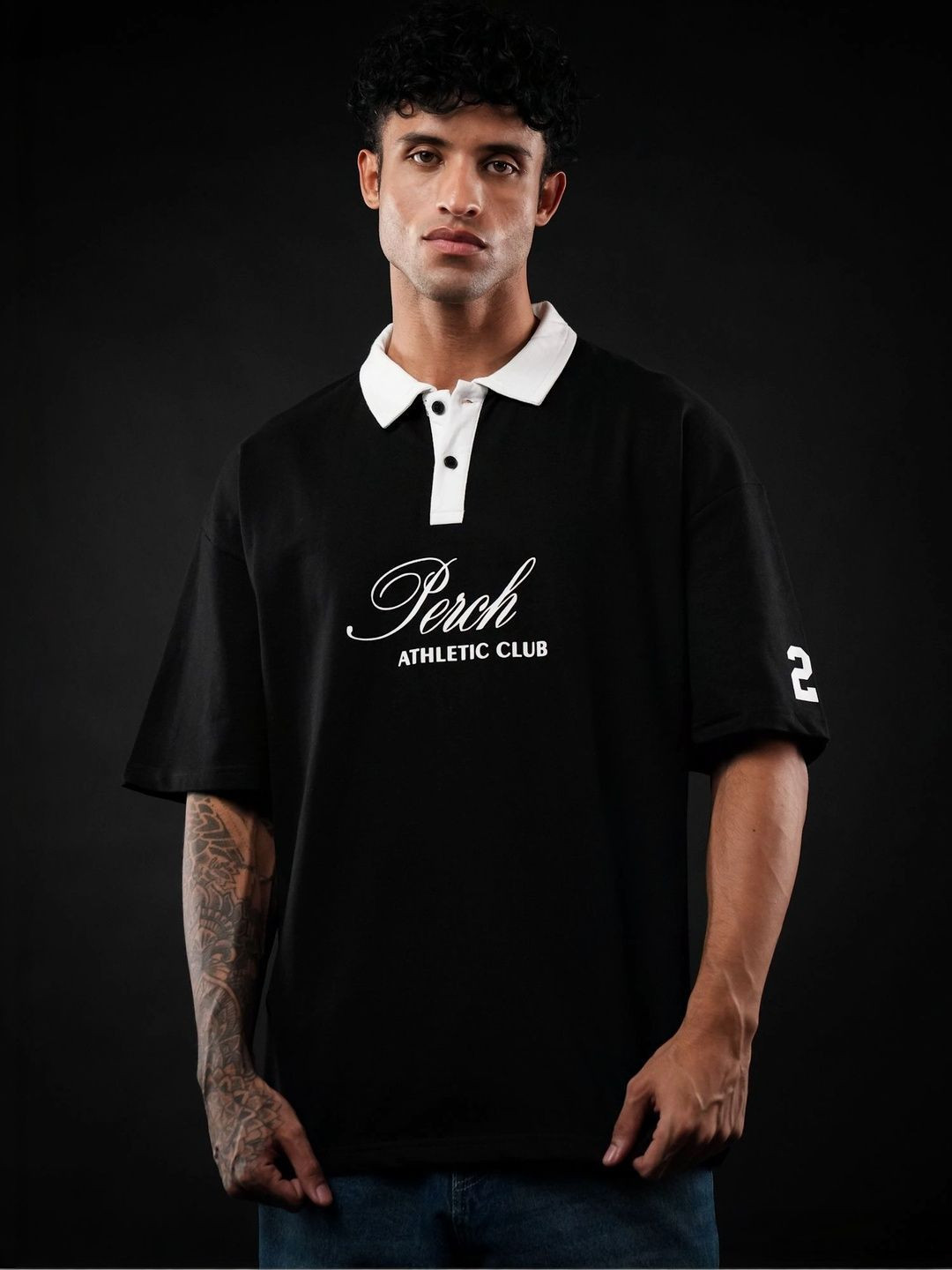 PERCH Men Brand Logo Printed Polo Collar Drop-Shoulder Sleeves T-shirt
