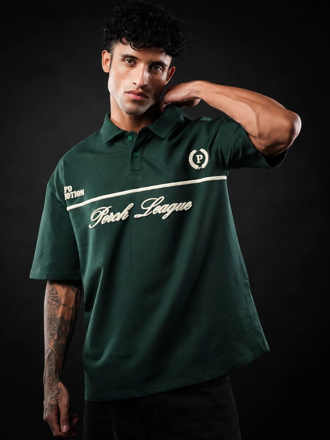 PERCH Men Printed Polo Collar Drop-Shoulder Sleeves T-shirt